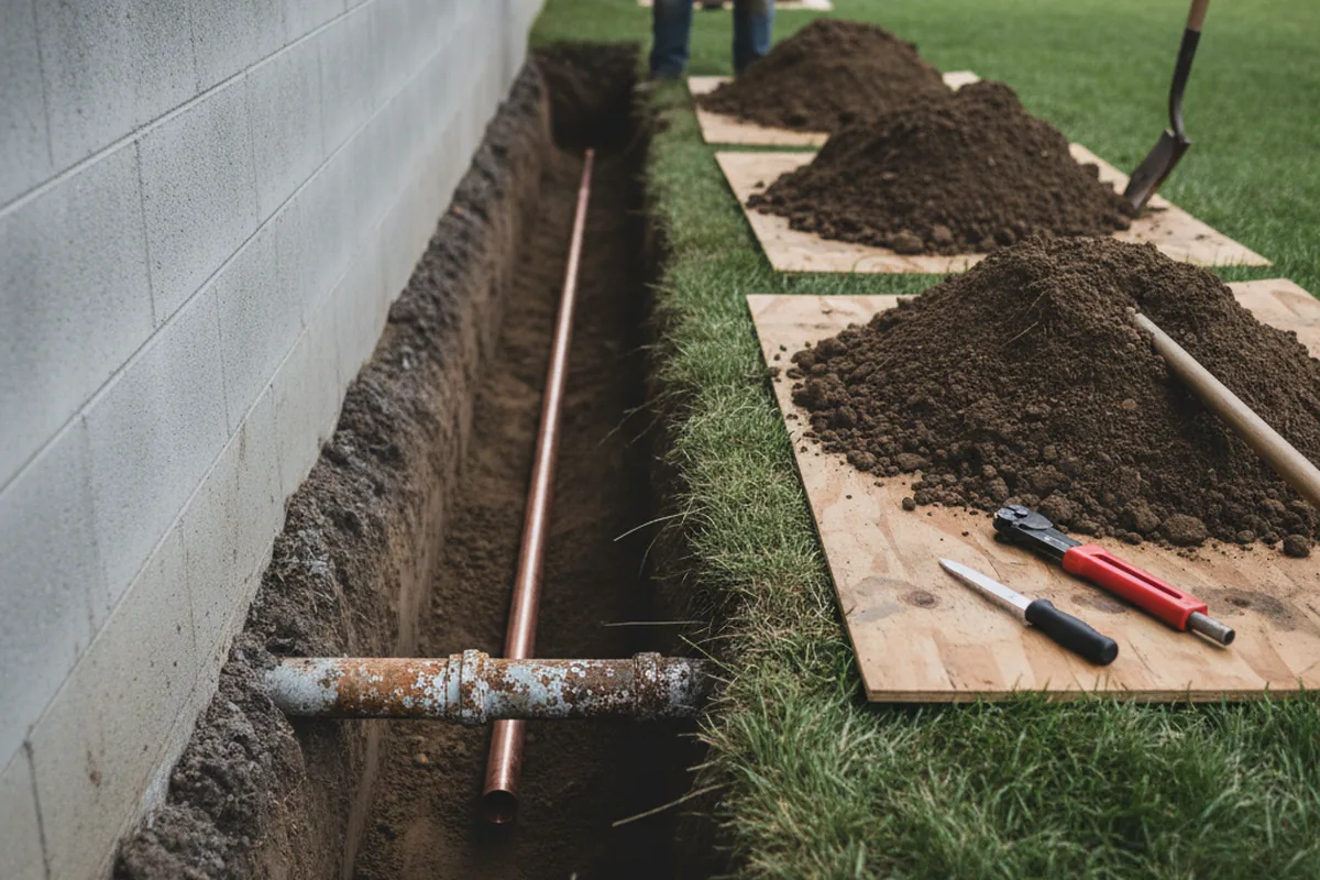 Excavated water line trench during Water Heater Repair in Chico